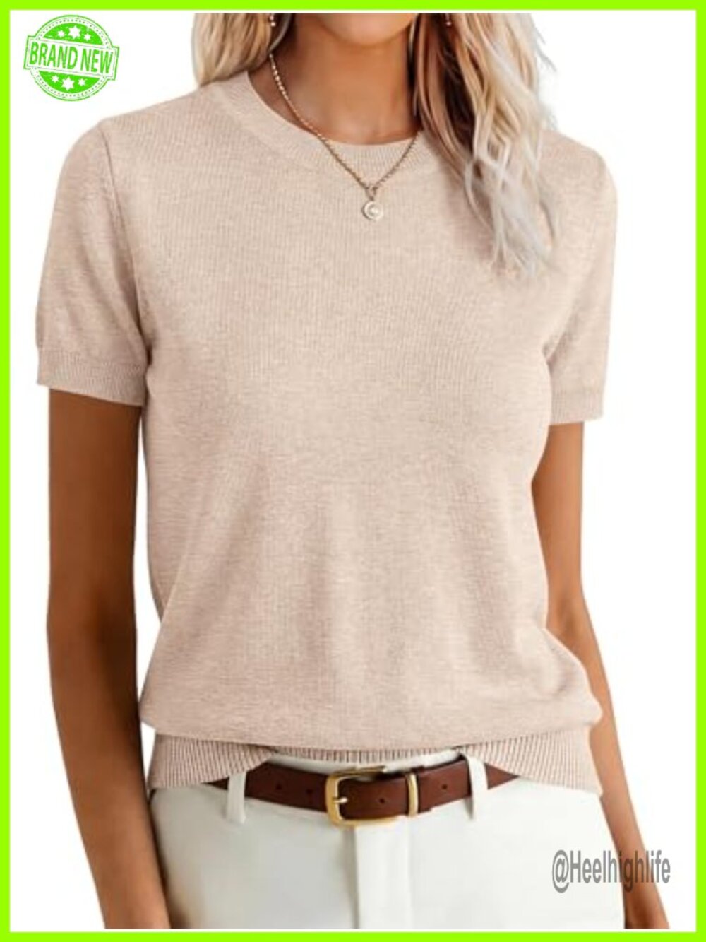 Womens Short Sleeve Wool Blend Pullover Sweater Crew Neck Knit